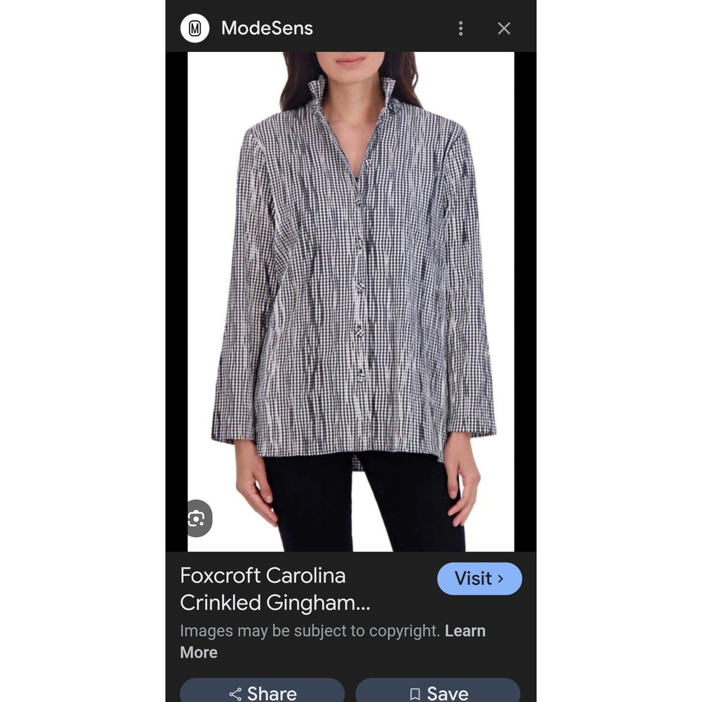 Foxcroft Gingham Crinkled Button Up Shirt Jacket Black White Blouse Medium